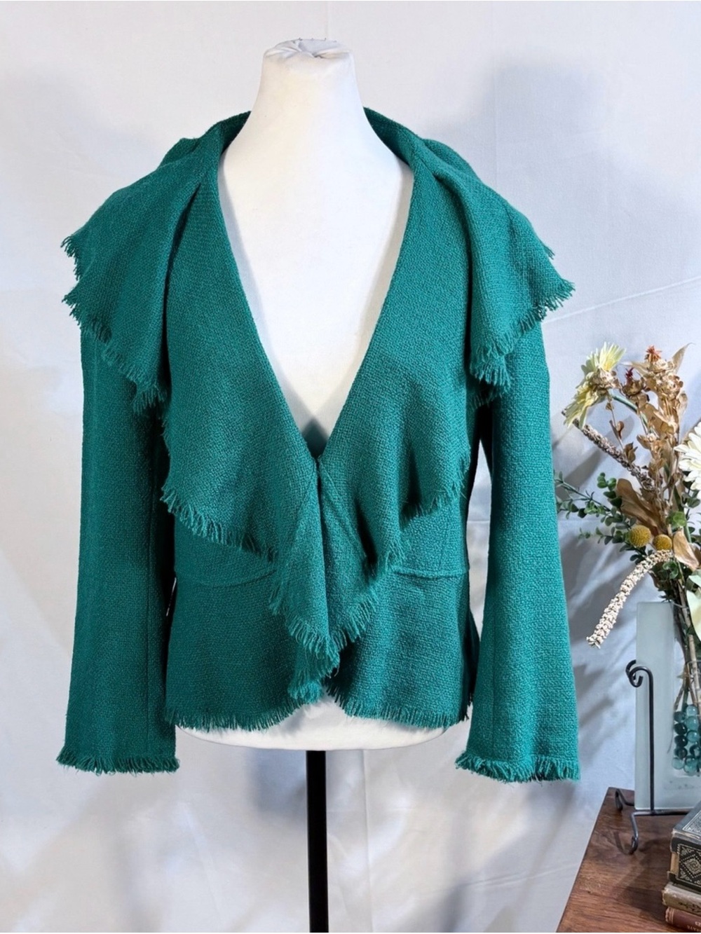 💥Lafayette 148 New York Emerald Wool Blend Tweed Draped Fringe Jacket Sz 8🧡